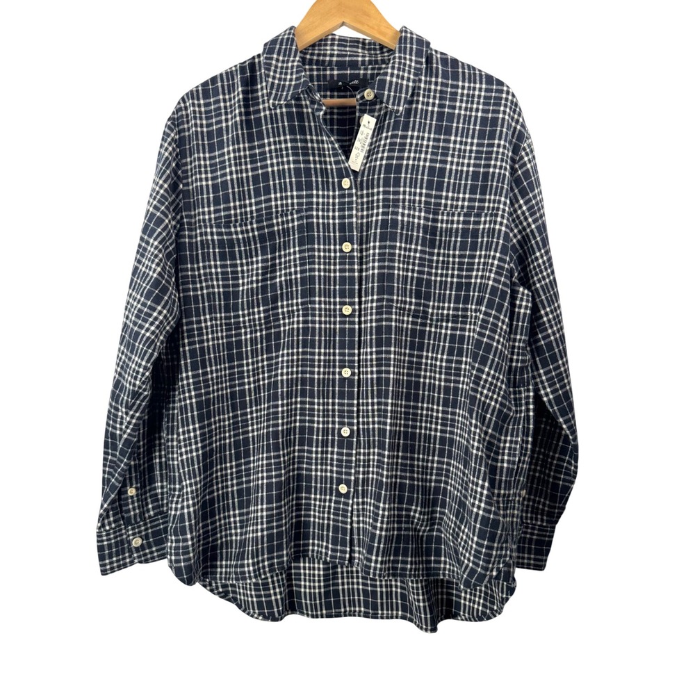 Madewell Flannel Sunday Shirt sz L Navy Blue Plaid Button Down preppy